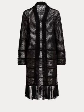 Lauren Ralph Lauren Pointelle-Knit Black Open-Knit Fringe Cardigan, Medium
